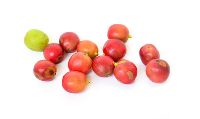 red ripe coffee beans isolated on white background.