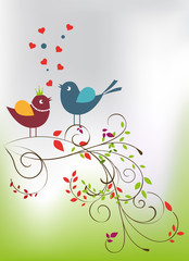 Cute cartoon birds on flowers in vector