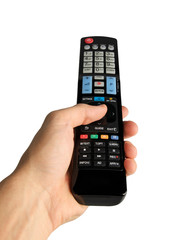Male hand holding tv remote control isolated on white