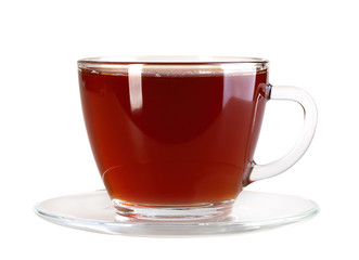 Glasses cup and saucer with black tea