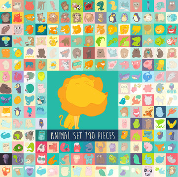 cute cartoon animals set 190 pieces, vector illustration