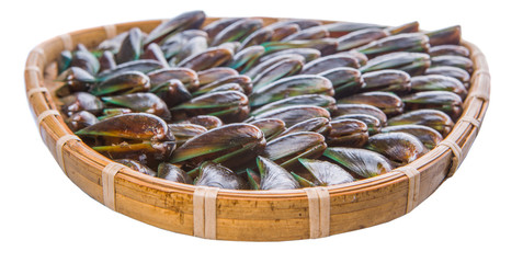 A  group of mussel in a wicker tray over white background