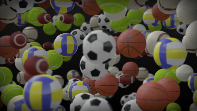 An array of sports balls swirling randomly around each other