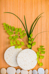 Spa concept of sponge with green branches fern and pebbles on wo