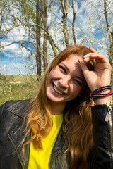 Naklejka premium Girl in yellow blouse