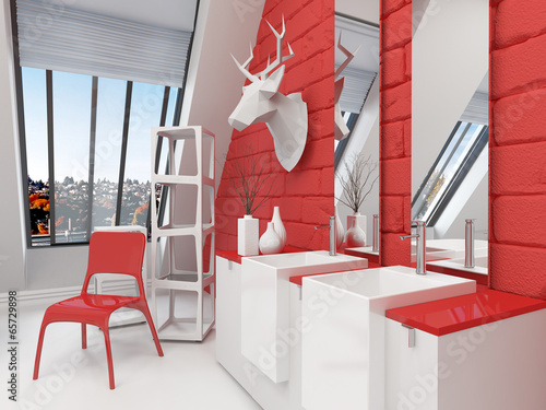 "Modernes Design Badezimmer in starker roter Farbe" Stockfotos und