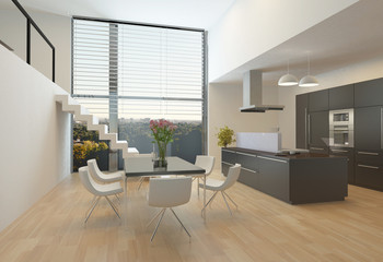 Modern kitchen interior with a mezzanine - obrazy, fototapety, plakaty