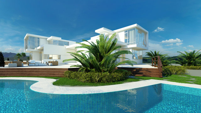 Modern upmarket tropical villa exterior with pool