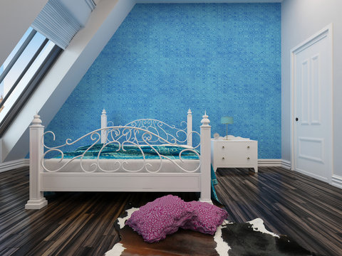 Modern Blue Bedroom With A Wrought Iron Bed