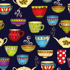 Tea, coffee and sweets doodle seamless pattern.