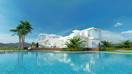 Beautiful idyllic white tropical villa and pool - obrazy, fototapety, plakaty