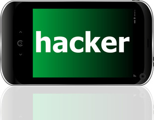 smartphone with word hacker on display, business concept