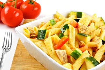 Bowl of pasta salad with vegetables and chicken