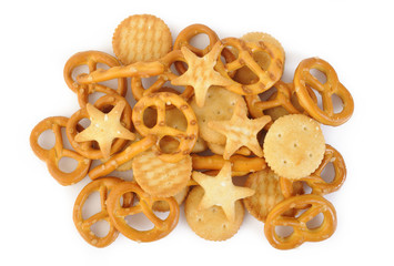 mixed crackers on white background