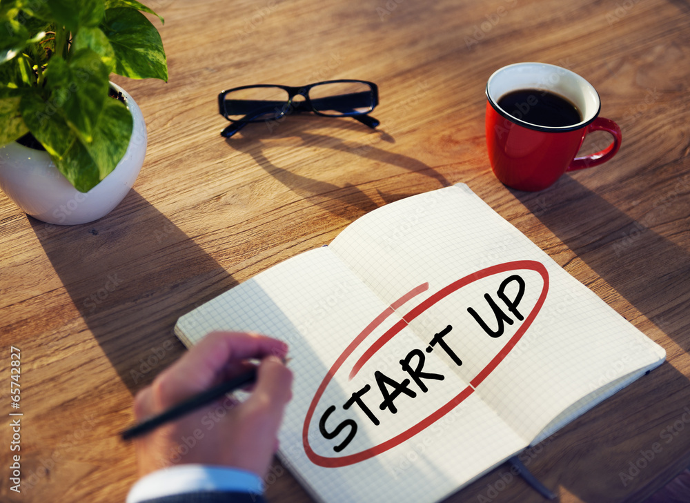 Poster man with note pad and start up business concepts