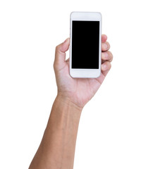 Man hand holding smartphone isolated on white background, clippi