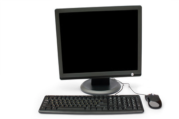 black monitor, keyboard and mouse