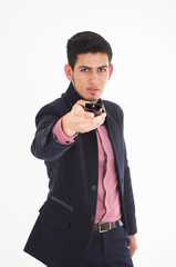 man with tv remote control in a suit