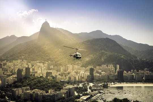 Helicopter flying above Rio de Janeiro Brazil.