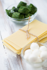 Close-up of lasagna sheets, mozzarella and spinach, studio shot