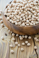 Vertical shot of a wooden bowl with raw chickpeas, close-up