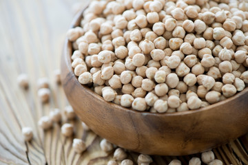 Close-up of raw chickpeas in a wooden bowl, horizontal shot