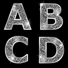 Silver metallic shiny letters A, B, C, D