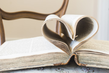 Pages of open book rolled in heart shape