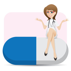 cartoon cute doctor sitting on big capsule