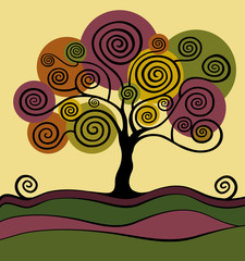 Green, purple,  yellow,  brown foliage tree with curls. Garden.