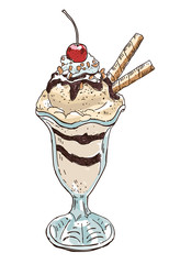 Vector hand drawn ice cream sundae with cherry and chocolate