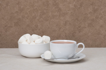 Heap Of Marshmallows In White Bowl. Hot Chocolate Drink