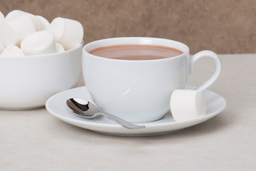 Heap Of Marshmallows In White Bowl. Hot Chocolate Drink