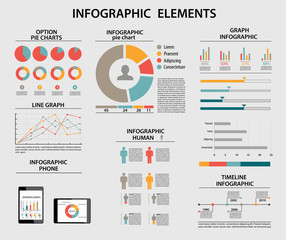 Business infographic elements, pie charts, timeline, growing gra