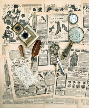 antique accessories and writing tools, vintage fashion magazine