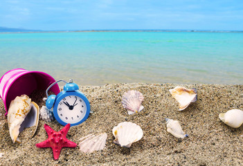 Shells,clock and bucket on sandy beach 