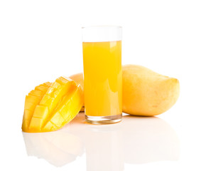Glass of fresh mango smoothie on white.