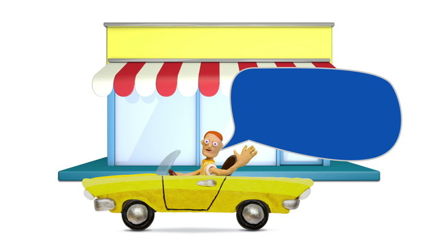 Man driving a convertible near store, stop motion.