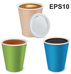 Tea, cappuccino, coffee in paper cups  isolated on white. Vector