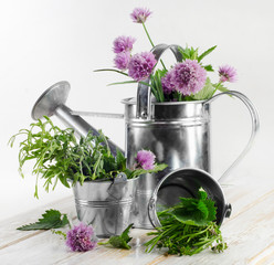 Fresh herbs on a wooden table