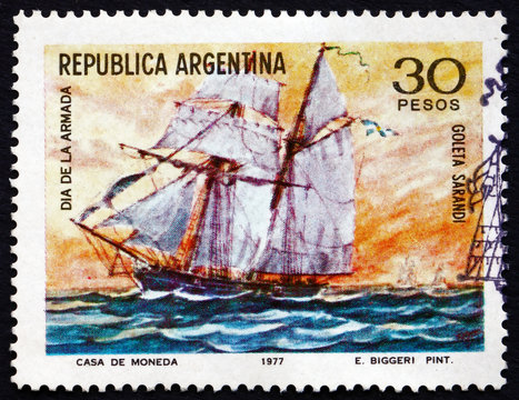 Postage stamp Argentina 1977 Schooner Sarandi, by Emilio Biggeri