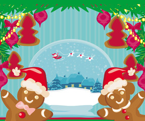 christmas card with a ginger-bread and Santa Claus flying over c