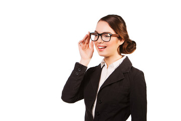 beautiful smiling young business woman in glasses, isolated over
