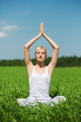 Young beautiful woman practicing yoga meditating outdoors in