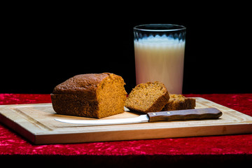 Pumpkin Bread, Knife and Milk