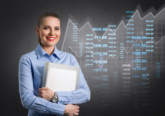 business woman with virtual graphic in background