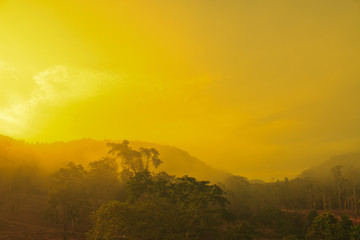 Autumn landscape at misty morning