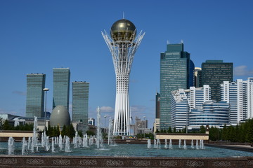A city view in Astana / Kazakhstan - with the Baiterek Tower - obrazy, fototapety, plakaty