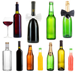 Collage of different alcohol bottles isolated on white