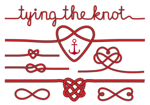 tying the knot, rope hearts for wedding, vector set